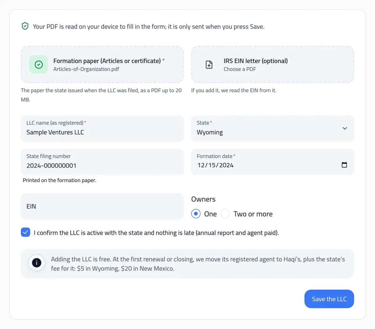 The Add an LLC page in the Haqi dashboard, with the company facts read from the Articles of Organization