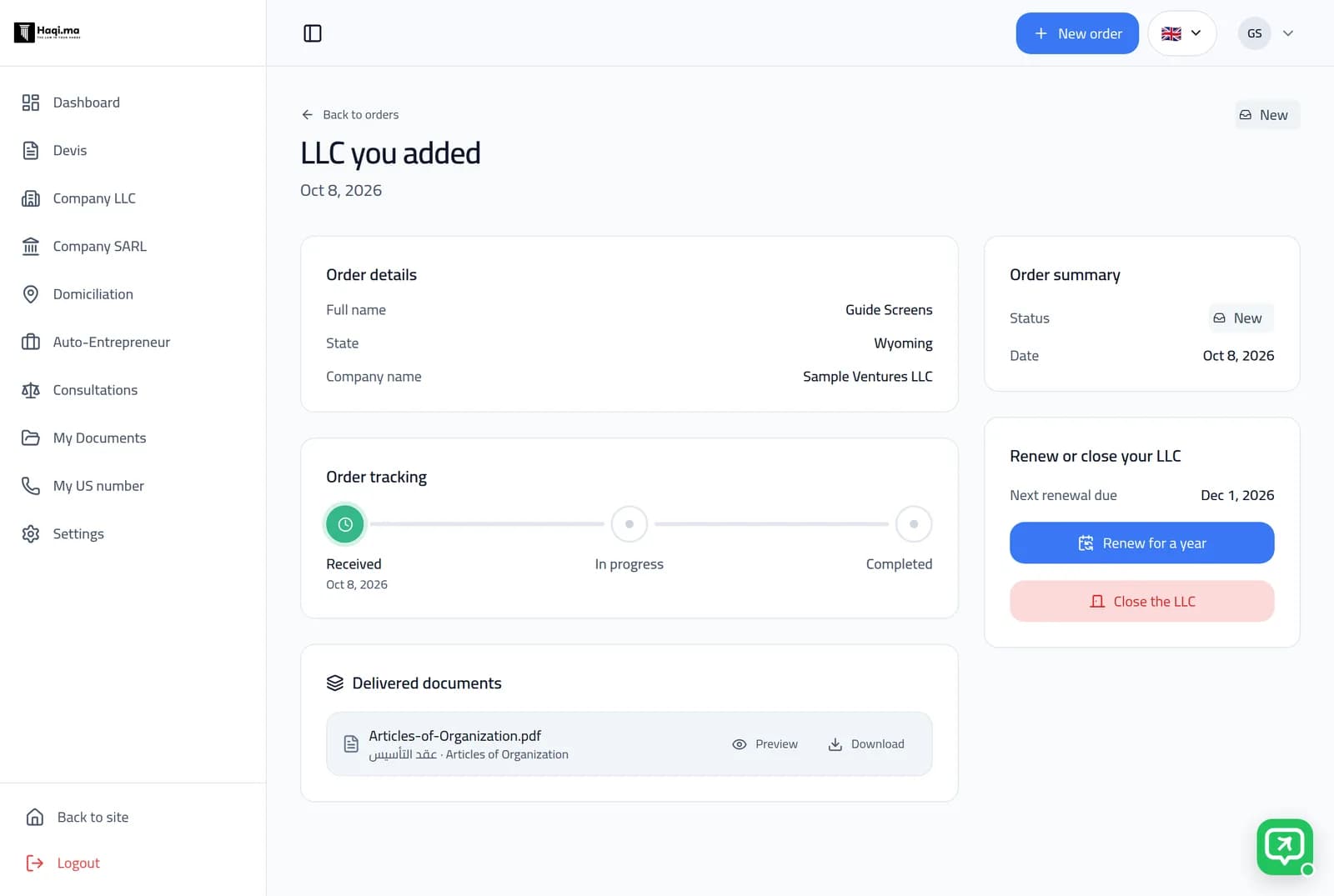An LLC’s page in the Haqi dashboard with its Renew and Close buttons