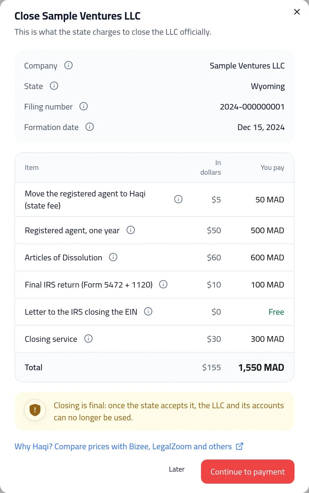 The closing window listing every line: the state’s dissolution fee, the final IRS return and the free EIN letter