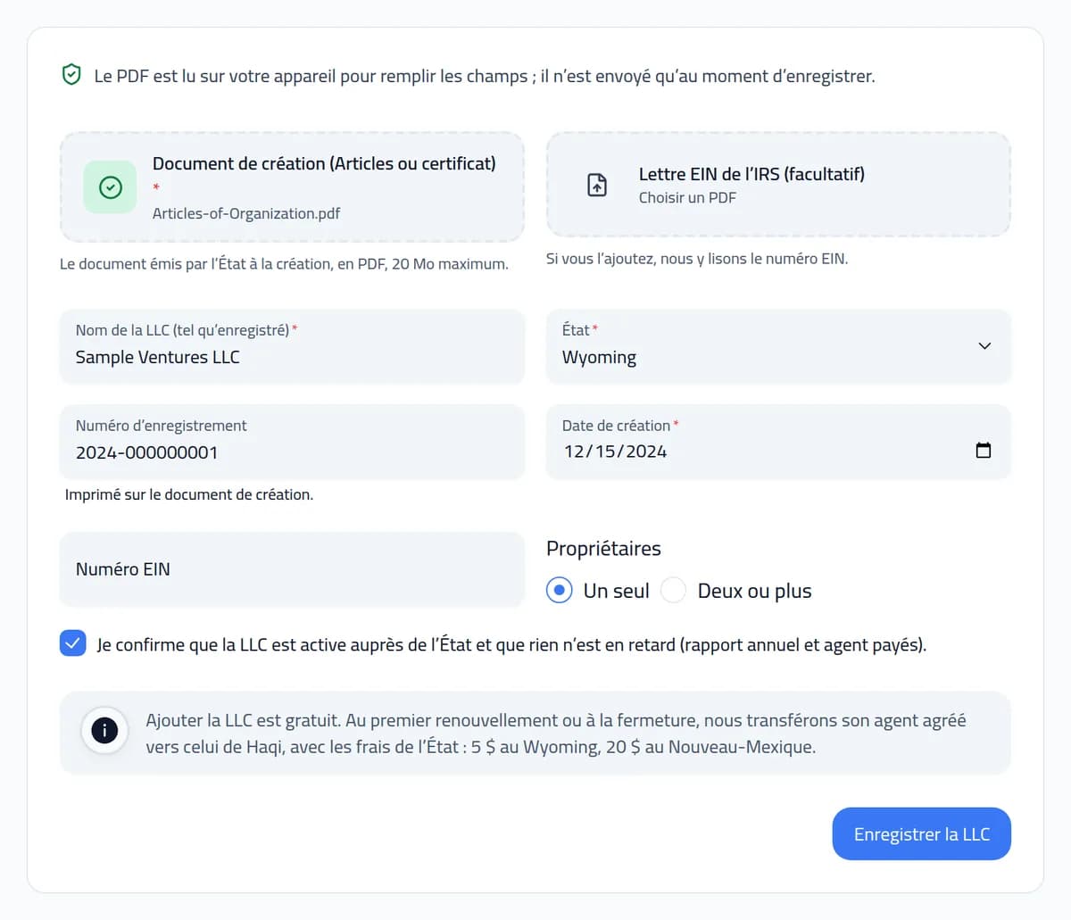 La page Ajouter une LLC de l’espace Haqi, avec les informations de la société lues dans les Articles of Organization