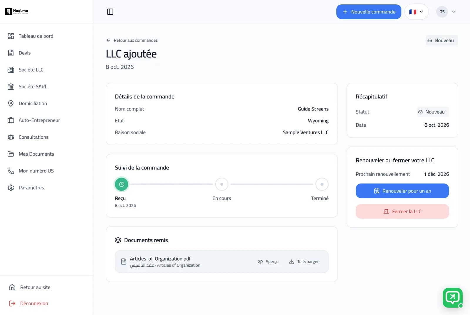 La page d’une LLC dans l’espace Haqi avec ses boutons Renouveler et Fermer